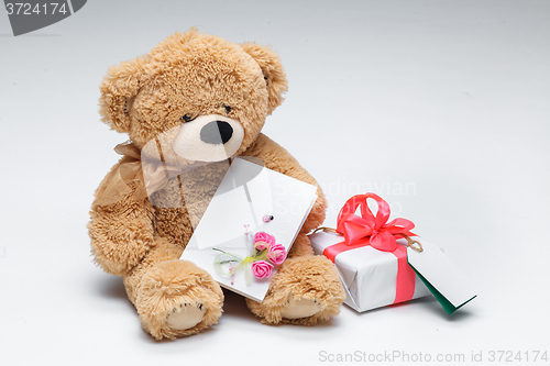 Image of Teddy Bears couple with red heart. Valentines Day concept.