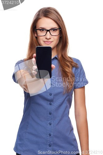 Image of Woman showing blank black smart phone screen