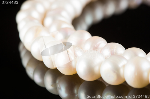 Image of White pearls on  black  background. luxury necklace.