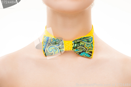 Image of patterned tie bow on female neck. 