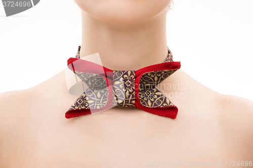 Image of patterned tie bow on female neck. 