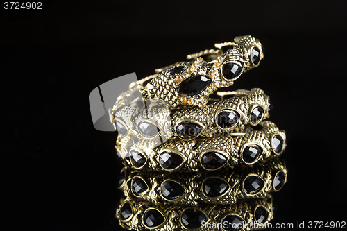 Image of golden bracelet form of snake isolated black background