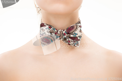 Image of patterned tie bow on female neck. 