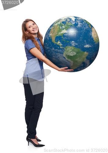 Image of Woman in full length holding earth globe