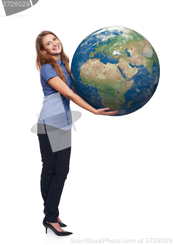 Image of Woman in full length holding earth globe