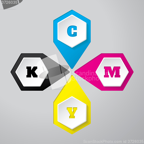 Image of Cmyk wallpaper with 3d hexagon buttons