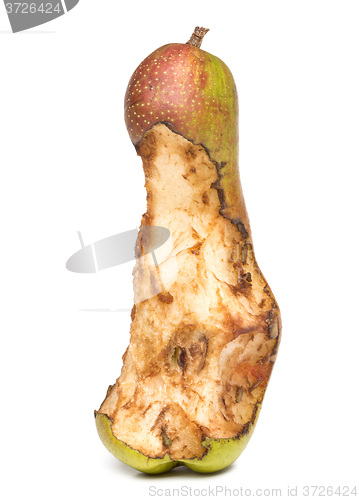 Image of bitten spoil pear.  white background.