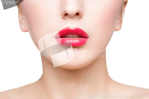 Image of Sexy beautiful red lips isolated on white background. close-up