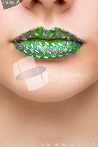 Image of Fashion Green Sexy Lips and Closeup. Make up concept. 