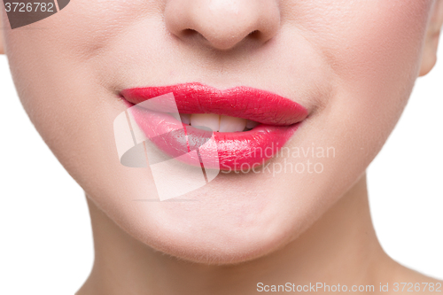 Image of Sexy beautiful red lips isolated on white background. close-up