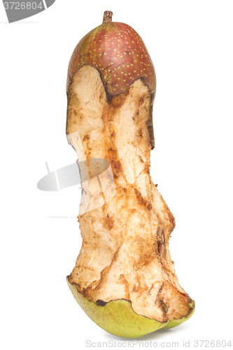 Image of bitten spoil pear.  white background.