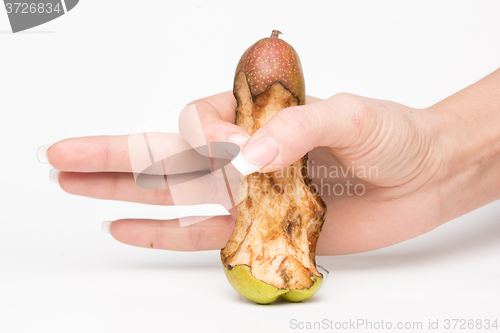 Image of female hand holding a pear-like penis