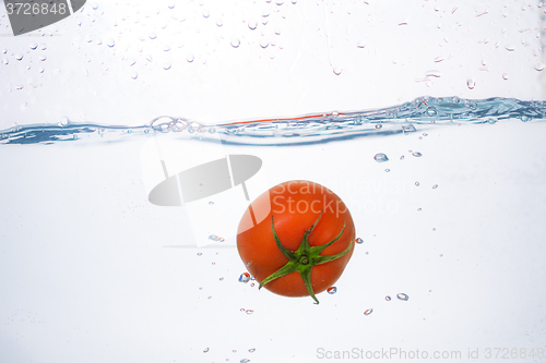 Image of red tomato dropped into blue water on white