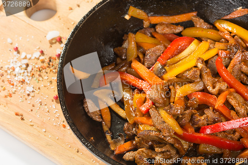 Image of Grilled pork. herbs in frying pan