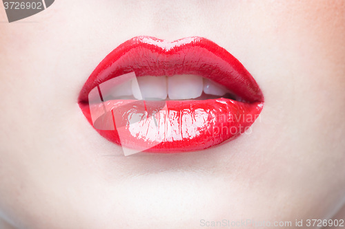 Image of Sexy Lips. Beauty Red Lip Makeup Detail.