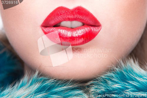 Image of Sexy Lips. Beauty Red Lip Makeup Detail.