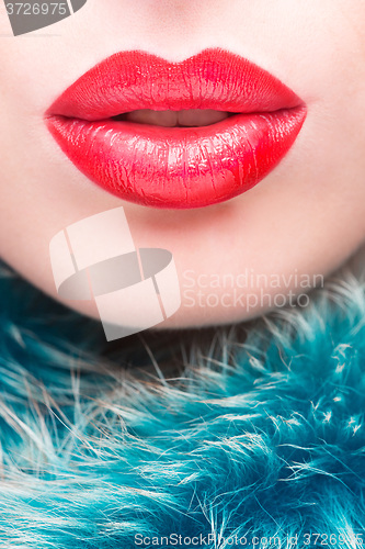 Image of Sexy Lips. Beauty Red Lip Makeup Detail.