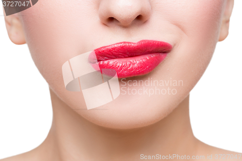 Image of Sexy beautiful red lips isolated on white background. close-up