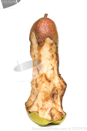 Image of bitten spoil pear.  white background.