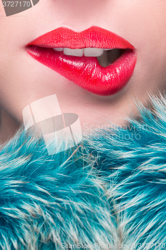 Image of Sexy Lips. Beauty Red Lip Makeup Detail.