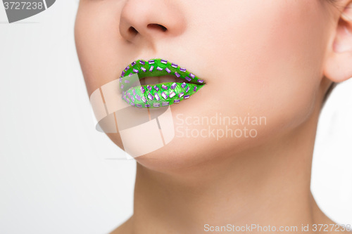 Image of Fashion Green Sexy Lips and Closeup. Make up concept. 