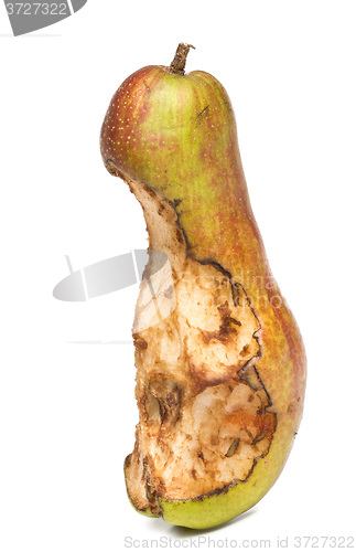 Image of bitten spoil pear.  white background.