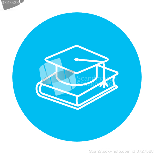 Image of Graduation cap laying on book line icon.