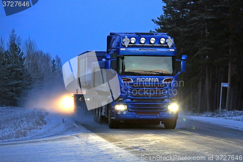 Image of Blue Scania Combination on a Winter Night