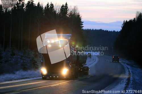 Image of Scania Tank Truck Lights in Winter Night