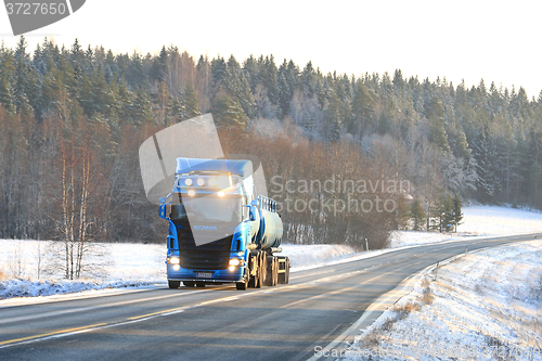 Image of Blue Scania R500 Tank Truck on the Road in Winter