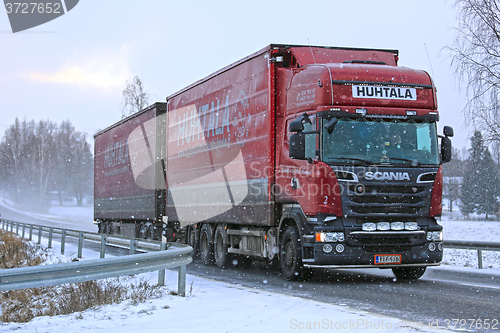 Image of New Scania Cargo Truck in Snowfalll