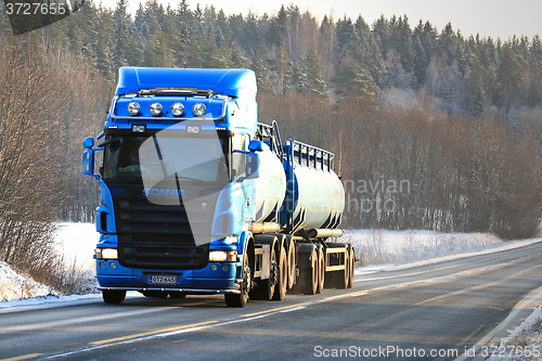 Image of Blue Scania Tank Truck on Winter Road