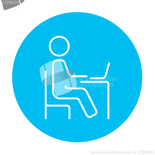 Image of Student sitting on chair in front of laptop line icon.