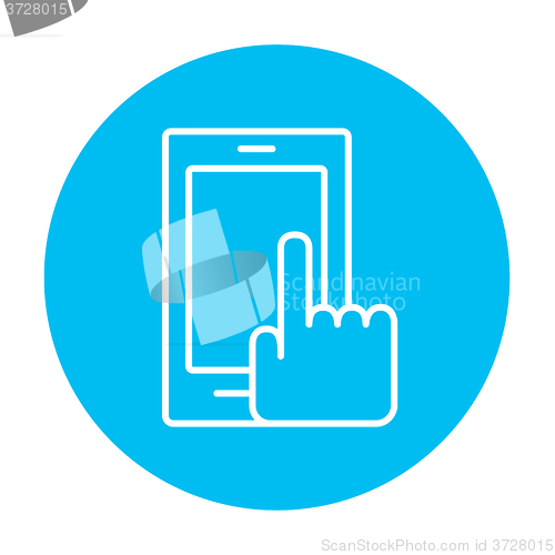Image of Finger pointing at smart phone line icon.