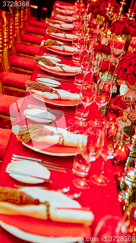 Image of Table set for wedding or another catered event dinner.