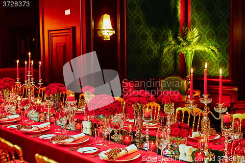 Image of Table set for wedding or another catered event dinner.