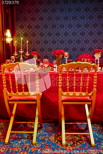 Image of Table set for wedding or another catered event dinner.