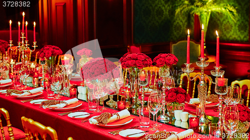 Image of Table set for wedding or another catered event dinner.