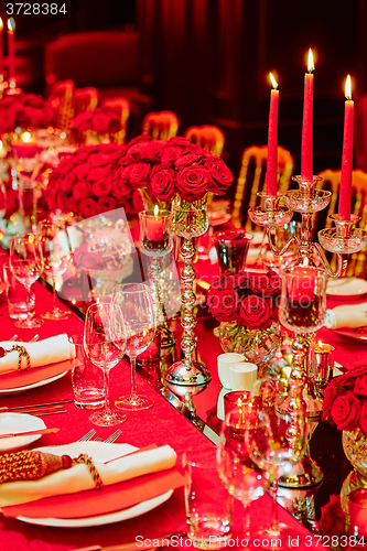Image of Table set for wedding or another catered event dinner.