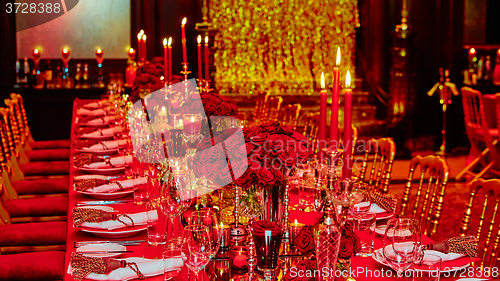 Image of Table set for wedding or another catered event dinner.