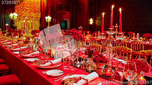 Image of Table set for wedding or another catered event dinner.