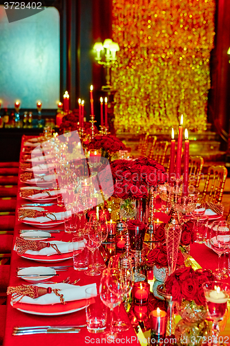 Image of Table set for wedding or another catered event dinner.