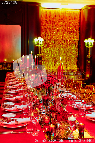 Image of Table set for wedding or another catered event dinner.