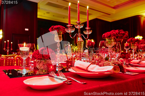 Image of Table set for wedding or another catered event dinner.