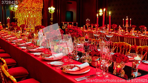 Image of Table set for wedding or another catered event dinner.