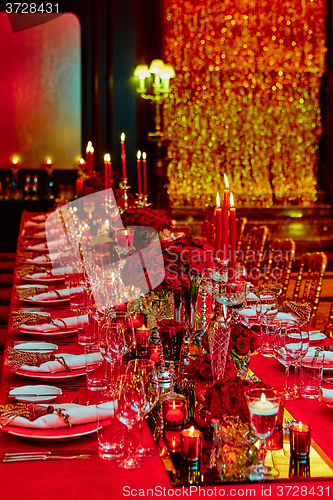 Image of Table set for wedding or another catered event dinner.