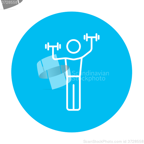 Image of Man exercising with dumbbells line icon.