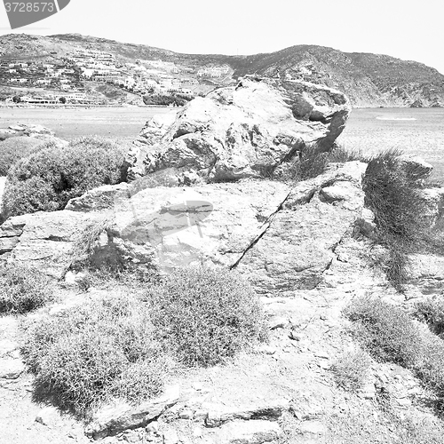 Image of in greece the mykonos island rock sea and beach blue   sky