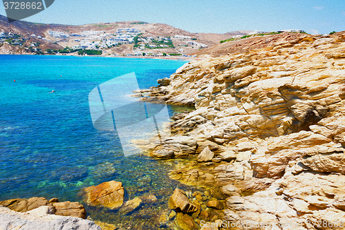 Image of in greece the mykonos island rock sea and beach blue   sky