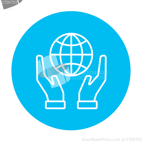 Image of Two hands holding globe line icon.